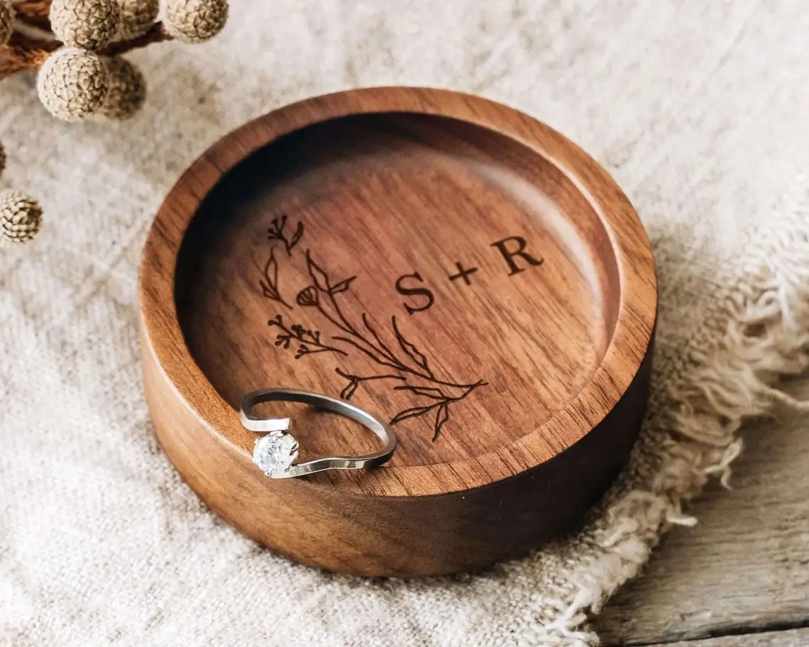 Custom Round Walnut Wood Ring Dish -Best Lesbian Wedding Gifts
