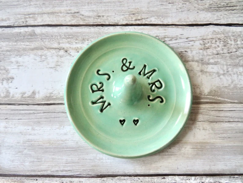 Mrs & Mrs Green Ceramic Ring Dish -Best Lesbian Wedding Gifts