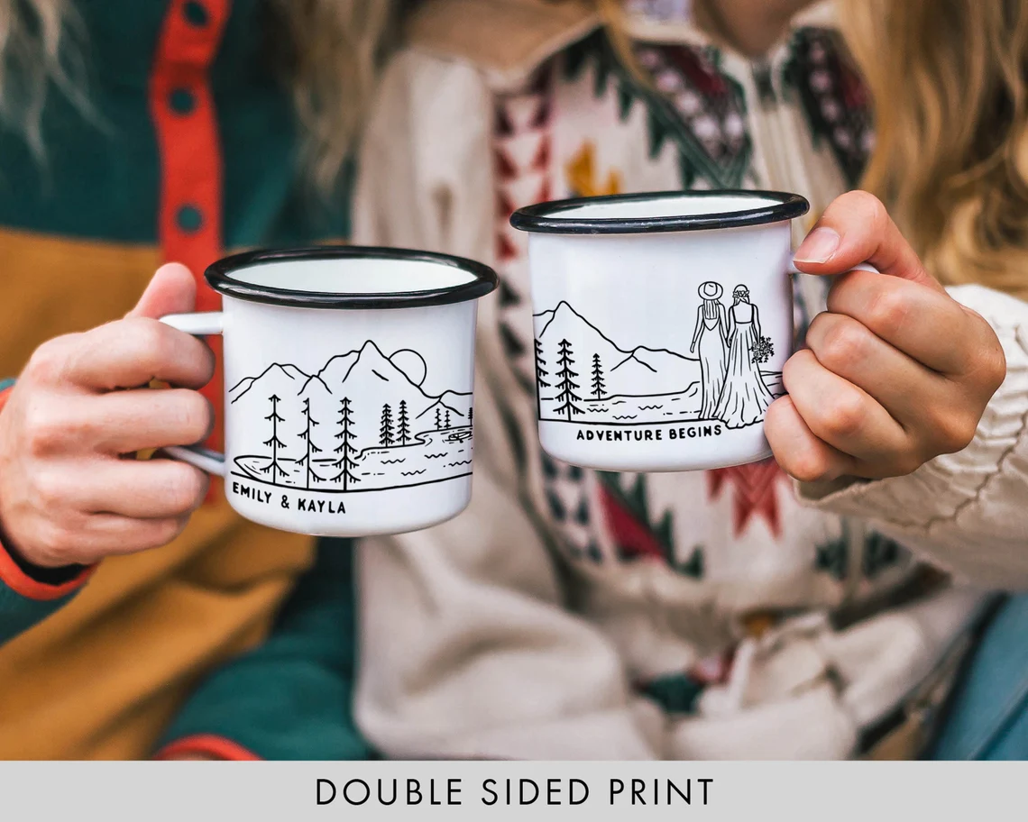Mrs & Mrs Metal Camp Mugs -Best Lesbian Wedding Gifts
