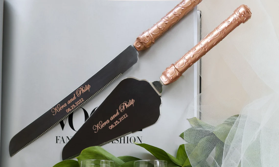 Rose Gold Engraved Cake Server Set -Best Lesbian Wedding Gifts